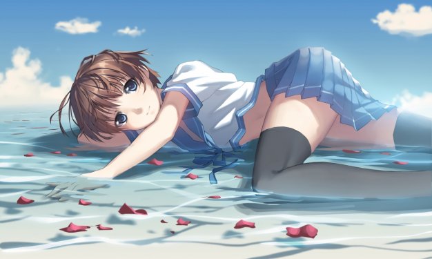 海滩 海水 水手服动漫女生动漫壁纸