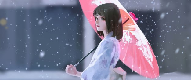 雨伞 雪 女孩白色连衣裙电脑壁纸