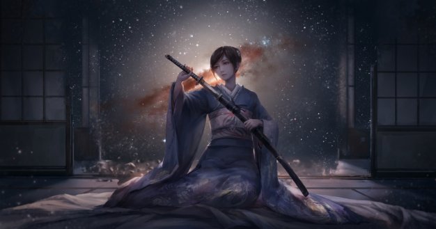 和服 动漫 女孩 武士刀 晚上 天空 星空动漫壁纸