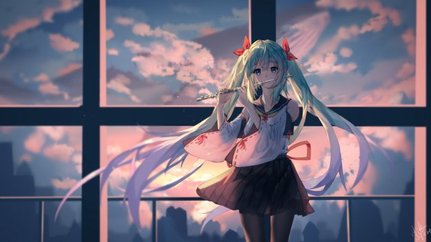 初音未来 黑裤袜 笛子 动漫壁纸