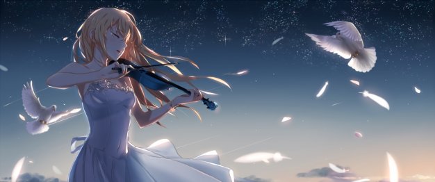 唯美天空 鸽子 拉小提琴的少女3440×1440壁纸