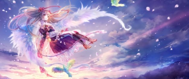 天空 小女孩 羽毛 鸟儿 唯美梦幻动漫风景壁纸3440×1440