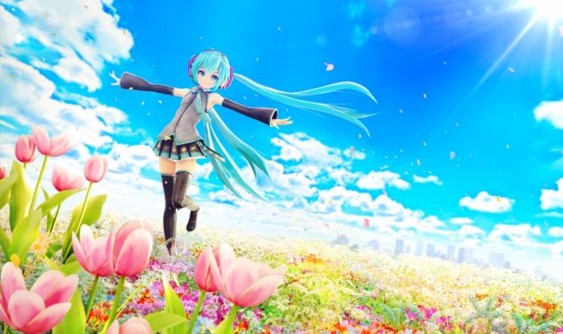 鲜花 女孩，初音未来 风 郁金香 太阳 VOCALOID 动漫二次元壁纸