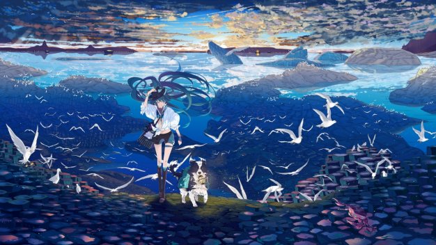 初音未来,小狗,鸟儿,海鸥,大海,天空,云,初音电脑壁纸