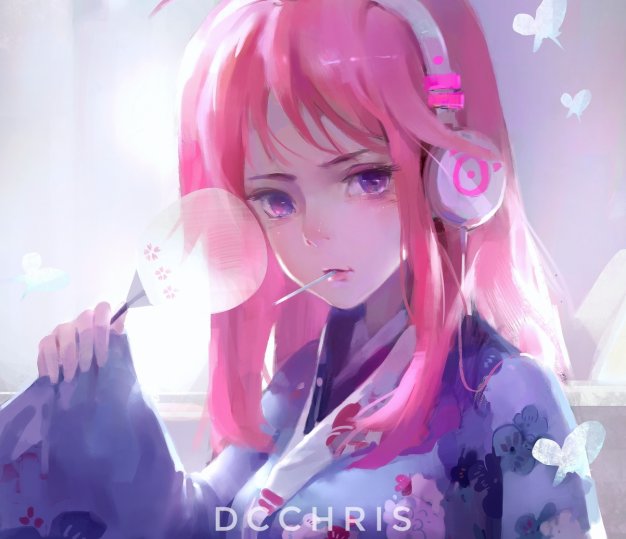 粉色头发 女生 女式耳机 dcchris插画电脑壁纸