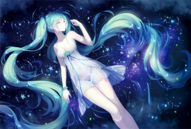 初音未来,蓝色水,花瓣,头发,初音未来唯美壁纸