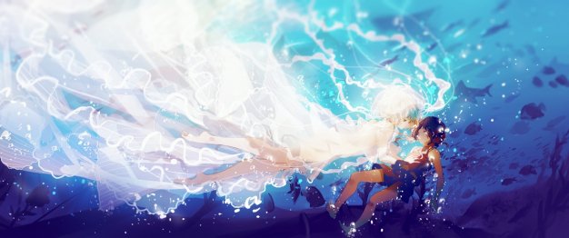 海底 水下 白色长裙子女生鱼 3440×1440动漫壁纸