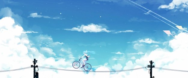 初音未来miku 天空 电线 单车 3440×1440唯美壁纸