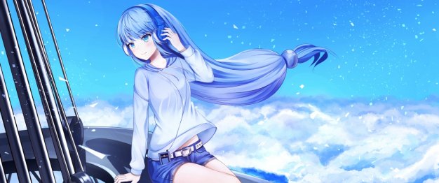 蓝色天空风景 长头发少女 牛仔短裤 音乐 3440×1440动漫壁纸