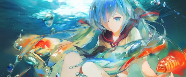 初音未来VOCALOID 水下 金鱼 3440×1440唯美壁纸