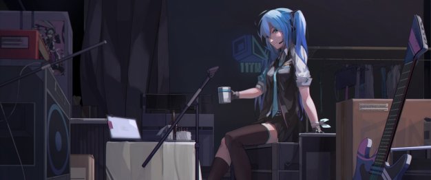 初音未来miku耳机 吉他 3440×1440动漫壁纸