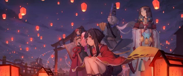 阴阳师 小姑娘 小孩 同人画 孔明灯 3440×1440壁纸