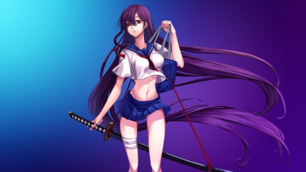 Katana Girl Purple 长发动漫美少女战士武士刀动漫壁纸