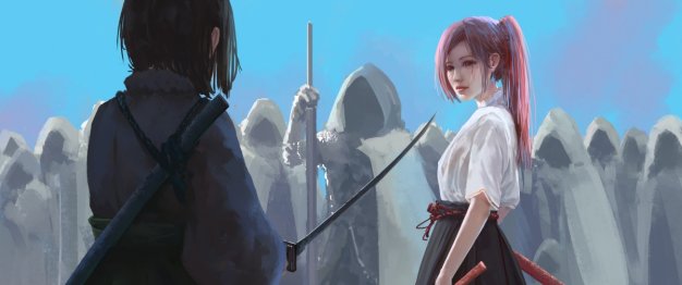 女生对决 斗篷武士 3440×1440动漫插画壁纸