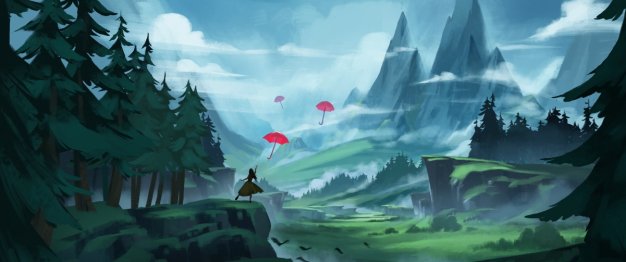 女人 雨伞 插画 风景 山脉 森林 3440×1440壁纸