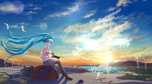 天空 云 鸟 VOCALOID 女孩 初音未来