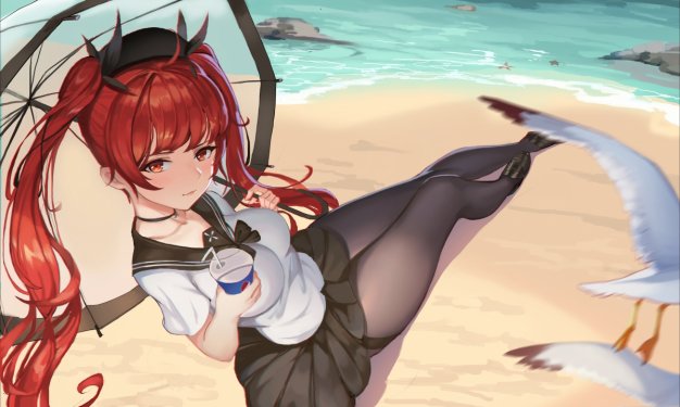 azur lane 海滩 女生 连裤袜 伞 动漫壁纸