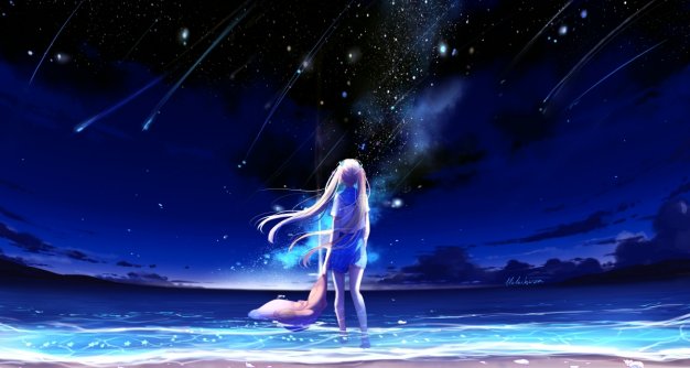 蓝色天空 流星 女孩 晚上 唯美动漫壁纸