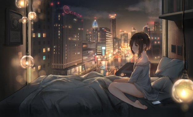 女生 女子 起床 晚上 都市 夜景 动漫壁纸