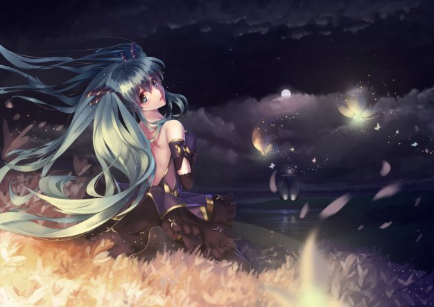 月亮 女孩 夜晚 星星 灯塔 天空 初音未来