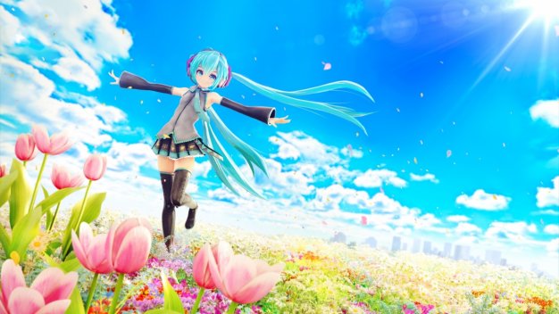 天空 花 郁金香 初音未来 动漫女孩