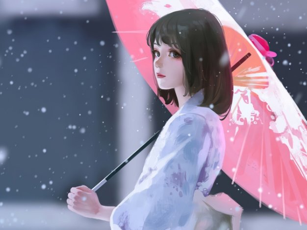 雨伞 雪 女孩白色连衣裙电脑壁纸