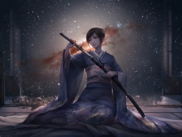 和服 动漫 女孩 武士刀 晚上 天空 星空动漫壁纸