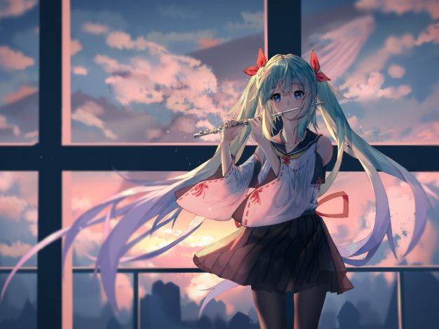 初音未来 黑裤袜 笛子 动漫壁纸