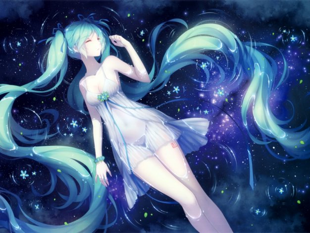 初音未来,蓝色水,花瓣,头发,初音未来唯美壁纸