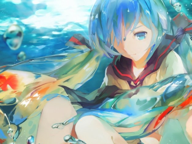 初音未来VOCALOID 水下 金鱼 3440×1440唯美壁纸