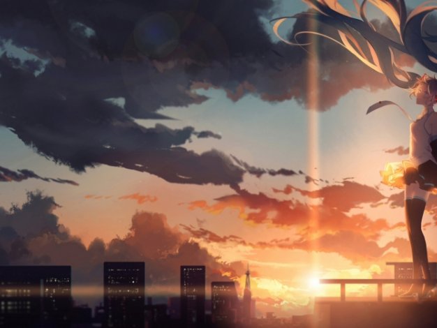 初音未来 云 夕阳 3440×1440动漫壁纸