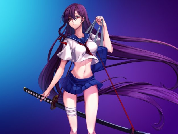 Katana Girl Purple 长发动漫美少女战士武士刀动漫壁纸