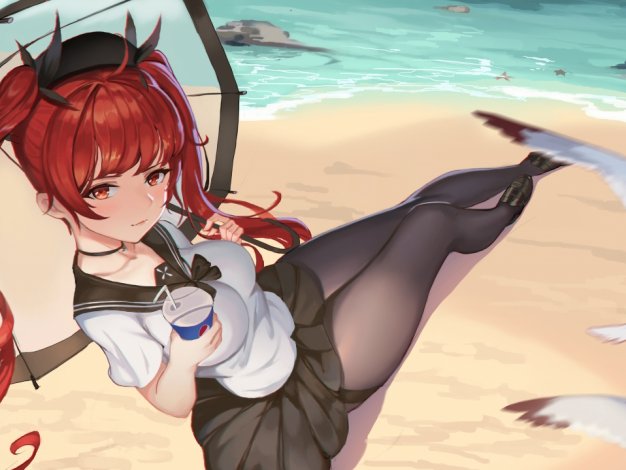 azur lane 海滩 女生 连裤袜 伞 动漫壁纸