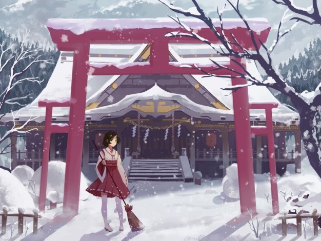 扫雪的小女孩 雪 寺庙 寺院 动漫壁纸