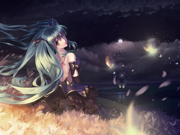 月亮 女孩 夜晚 星星 灯塔 天空 初音未来